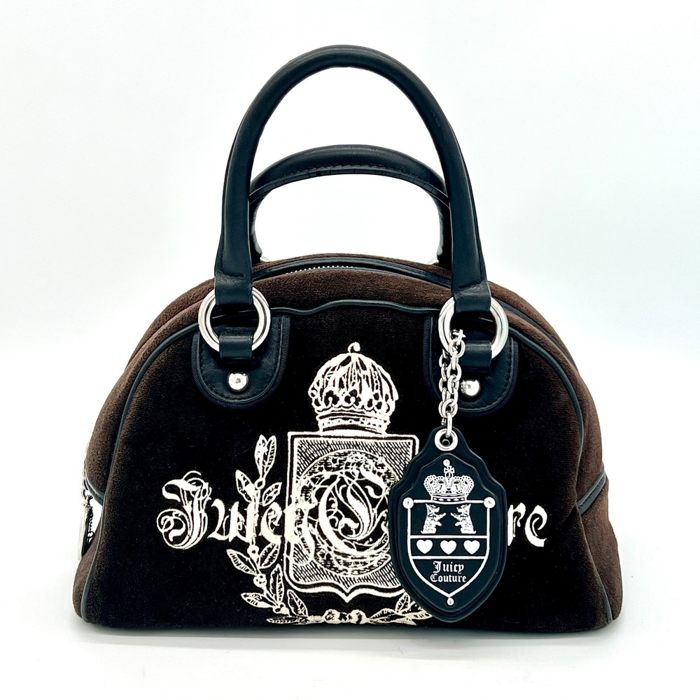 Vintage Juicy Couture Brown Velour Bowler Handbag With Charms & Mirror Y2K